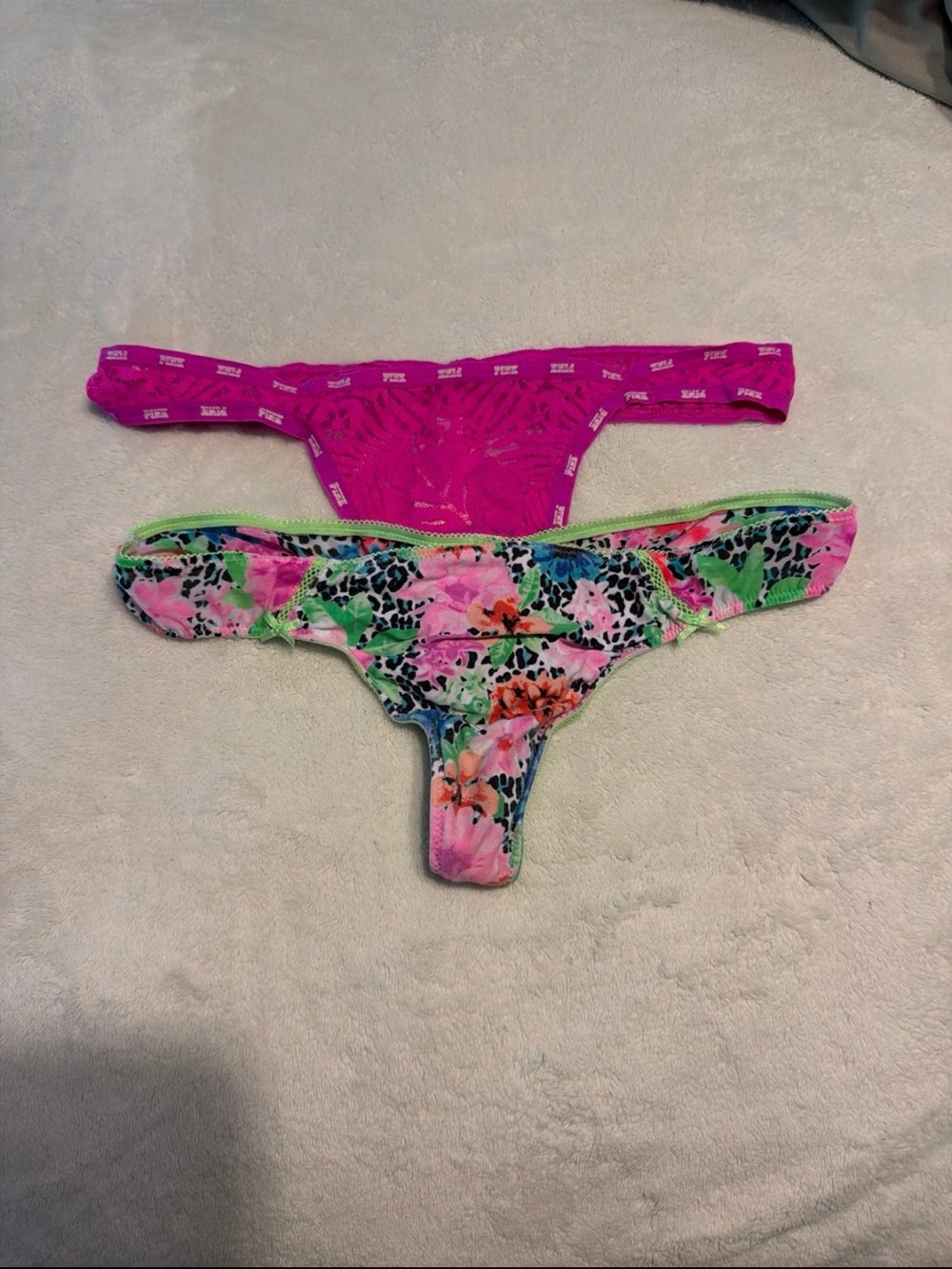 PINK Victoria's Secret Floral & Hot Pink Thong Set